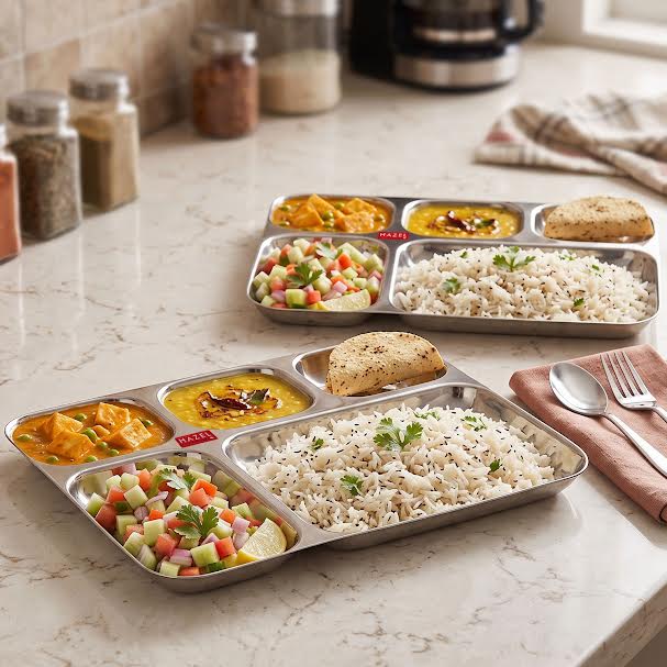 5 Compartment Stainless Steel Plate Set of 2 | All in 1 Big Thali