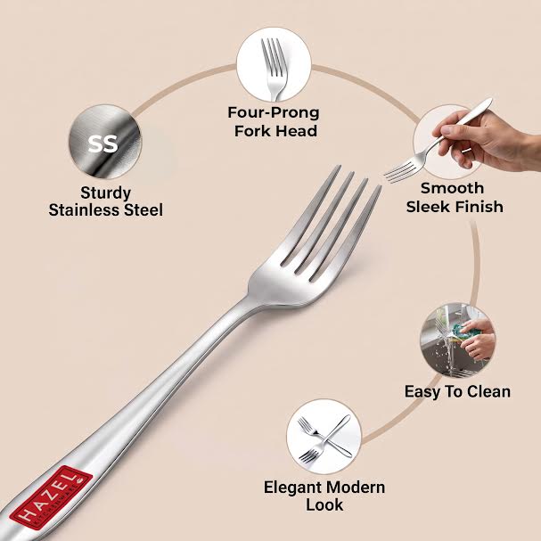 HAZEL Stainless Steel Table Fork Set of 6, 16 cm Dining Forks