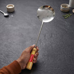 Stainless Steel Frying Jhara, Wooden Handle, 46cm