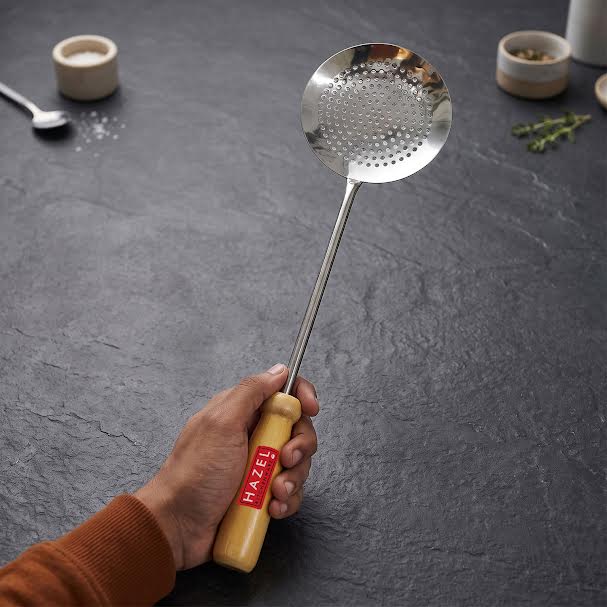 Stainless Steel Frying Jhara – Wooden Handle, 46cm