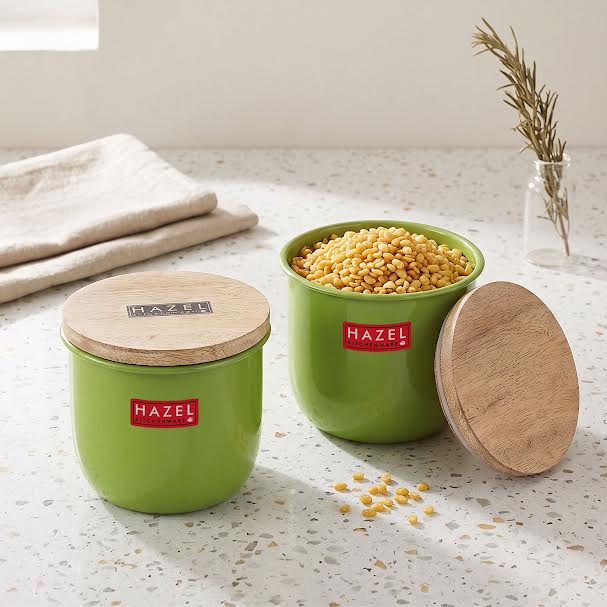 Airtight Food Storage Container with Wooden Lid, Green - 700ml, Set of 2