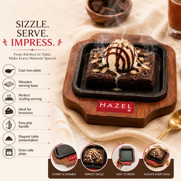 Sizzling Brownie Plate / Tray With Wooden Base Square, 5 Inch
