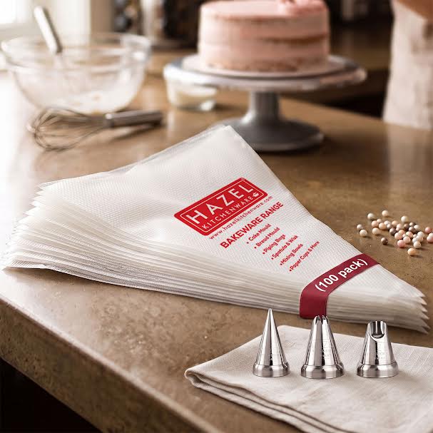 Disposable Piping Bags, Pack of 100 with 3 Nozzles(Round, Star & Ruffles)