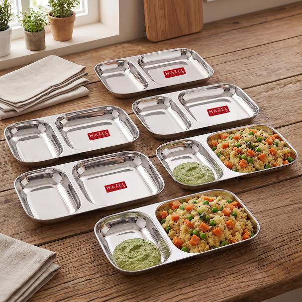 Steel Section Plate Set of 6 | 2 in 1 Plates Snacks Serving Tray