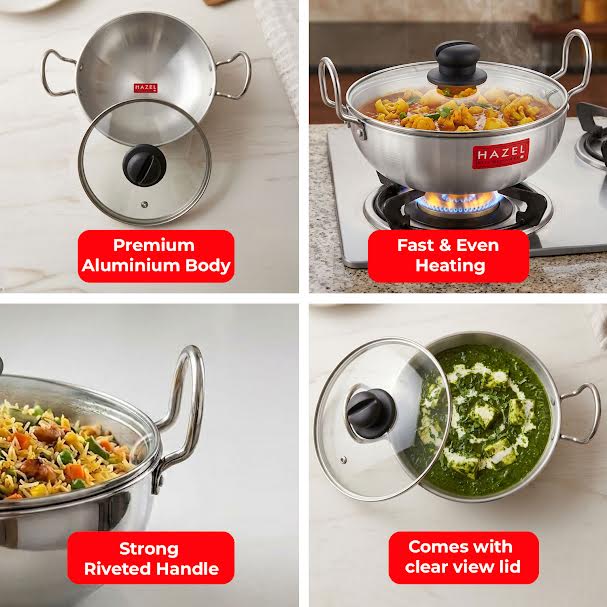 4mm Aluminium Kadai With Glass Lid, 3500 ML, 24.5cm