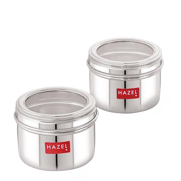 Stainless Steel Masala Box with Airtight Transparent Lid, 450 ml, Set of 2