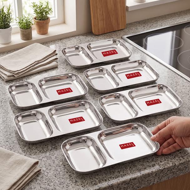 Steel Section Plate Set of 6 | 2 in 1 Plates Snacks Serving Tray