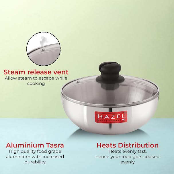 Aluminium Tasra with Glass Lid, 1500 ML, 18.5 cm