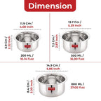 Stainless Steel Patila (Tope) Round Bottom Set of 3, 300ML, 500ML & 800ML