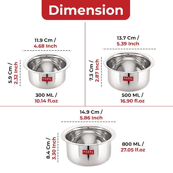 Stainless Steel Patila (Tope) Round Bottom Set of 3, 300ML, 500ML & 800ML