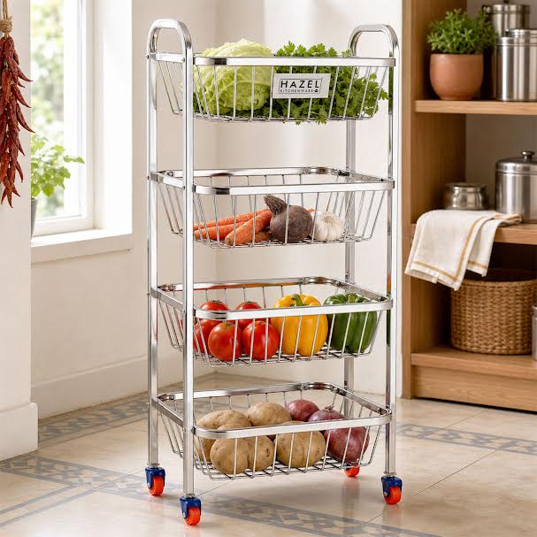 Stainless Steel 4-Layer Fruit & Vegetable Basket Trolley with Wheels, 14 x 32.8 Inches
