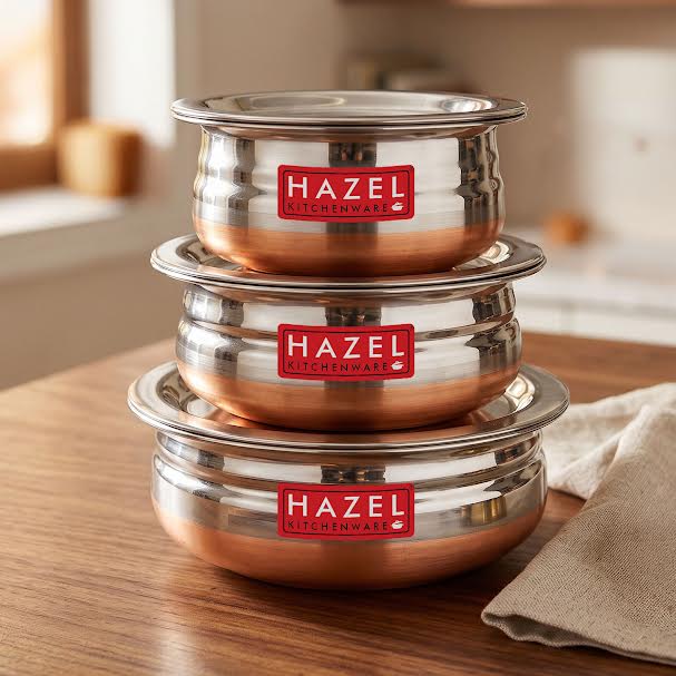 Copper Bottom Urli With Lid, Set of 3 (800ML, 1200ML, 1600ML)