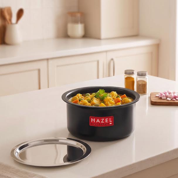 Hard Anodised Aluminium Patila with Lid, (  1500ML, Lid 18.3 cm), Black