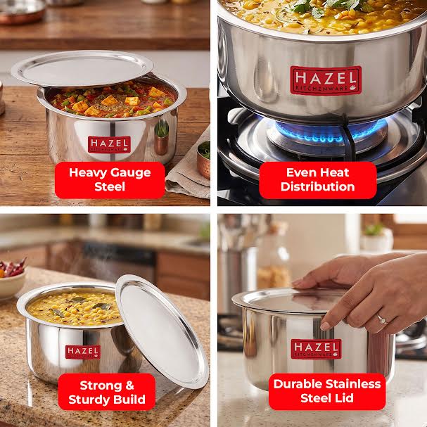 Stainless Steel Tope Patila With Lid Flat Bottom Boiling Vessels Bhagona Dekchi, 22.5 cm, 2900 ml