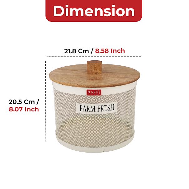 A dimension infographic showing the cream mesh basket with a wooden lid, labelled 21.8 cm / 8.58 inch wide and 20