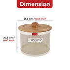 A dimension infographic showing the cream mesh basket with a wooden lid, labelled 21.8 cm / 8.58 inch wide and 20