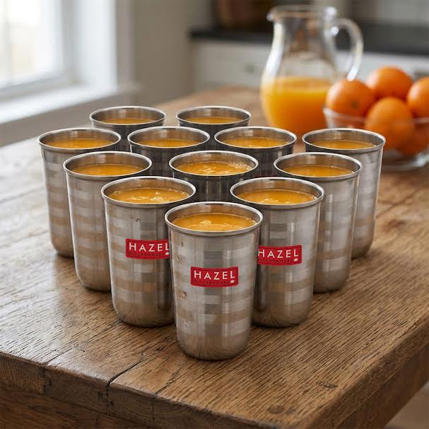 Stainless Steel Water Glass, Juice & Milk Cups, 250ml, Set of 12 in a use presentation.