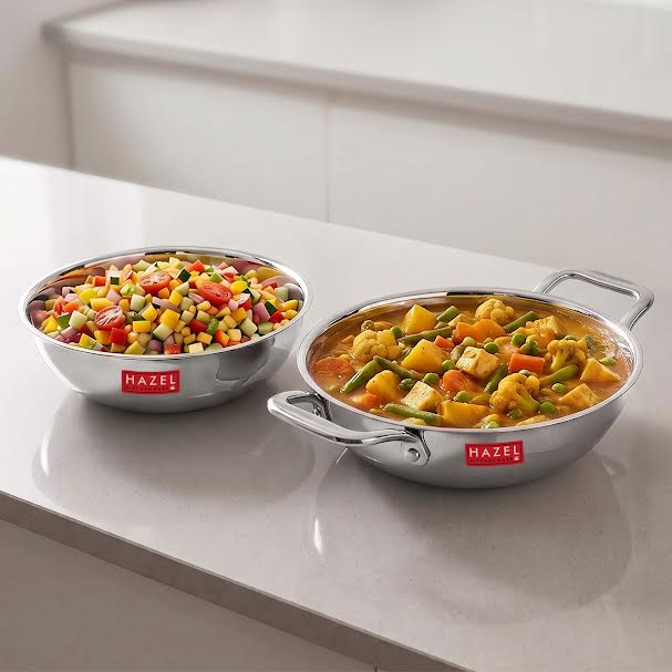 Triply Steel Kadhai/Tasra with Lid, Induction Compatible Heavy Bottom Cookware