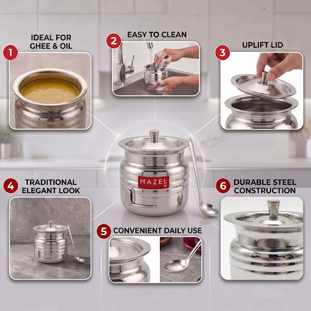 Stainless Steel Supreme Hammered Finish Oil Ghee Pot, 400 ml, Silver