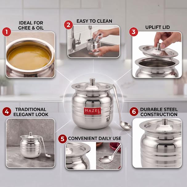 Stainless Hammered Finish Oil or Ghee Pot, 450ML