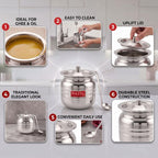 Stainless Hammered Finish Oil or Ghee Pot, 450ML
