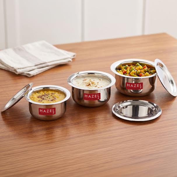 Stainless Steel Patila (Tope) Round Bottom Set of 3, 300ML, 500ML & 800ML