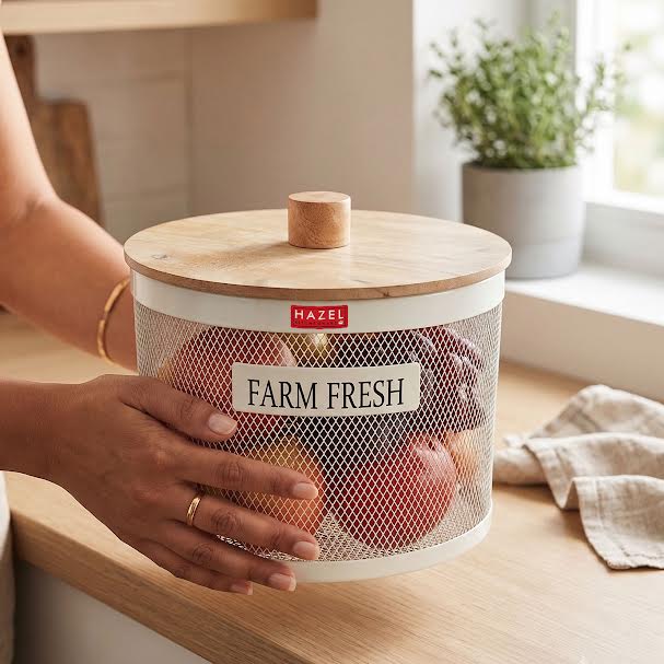 Fruit Basket for Dining Table | Mesh Basket with Wooden Lid