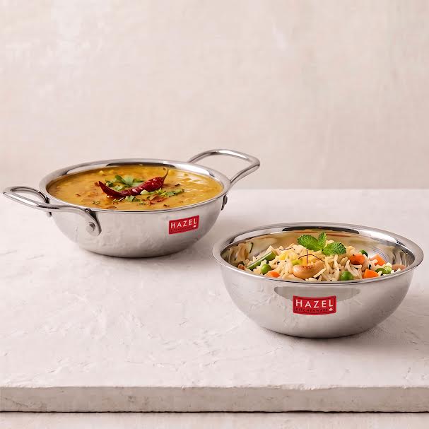 Triply Steel Kadhai/Tasra with Lid, Induction Compatible Heavy Bottom Cookware
