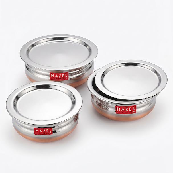 Copper Bottom Urli With Lid, Set of 3 (800ML, 1200ML, 1600ML)