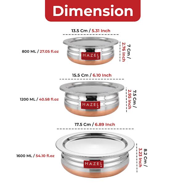 Copper Bottom Urli With Lid, Set of 3 (800ML, 1200ML, 1600ML)