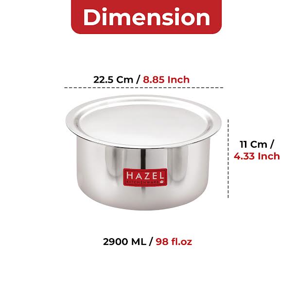 Stainless Steel Tope Patila With Lid Flat Bottom Boiling Vessels Bhagona Dekchi, 22.5 cm, 2900 ml