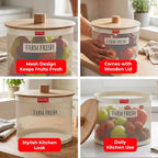 A four-panel infographic of the cream mesh vegetable basket with red callout labels reading Mesh Design Keeps Veggi