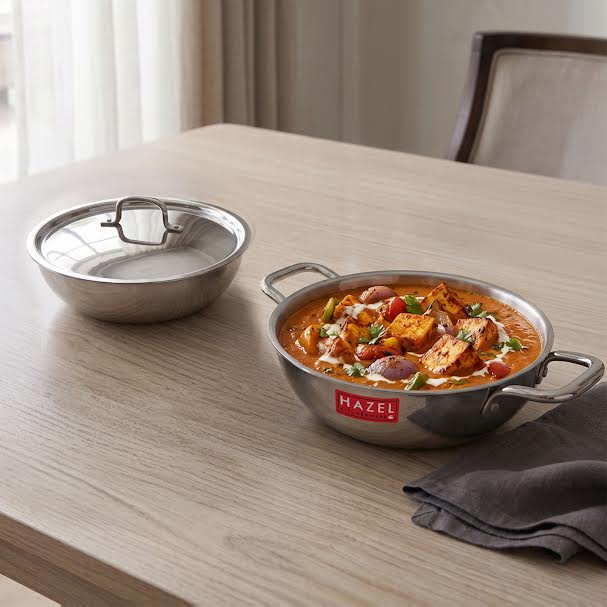 Triply Stainless Steel Induction Bottom Kadhai & Tasla With Steel Lid, 3 L
