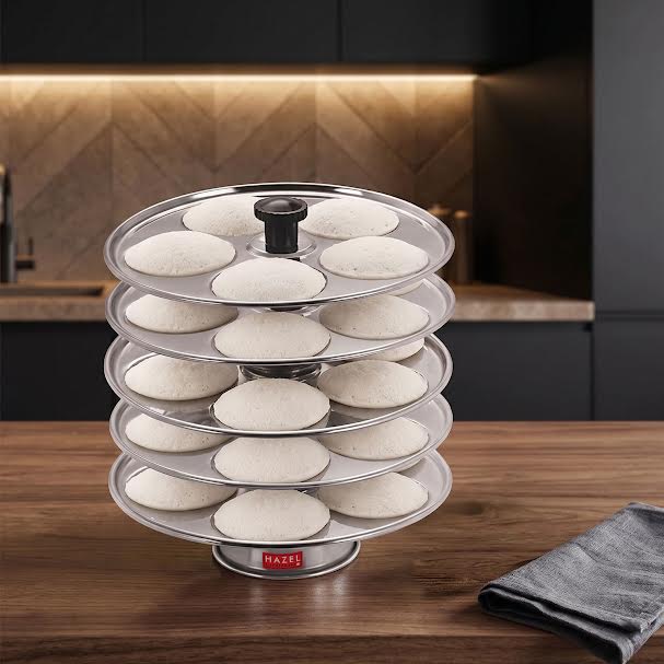 Stainless Steel Idli Thali With Stand,  5-Rack Plates, 25 Idlis