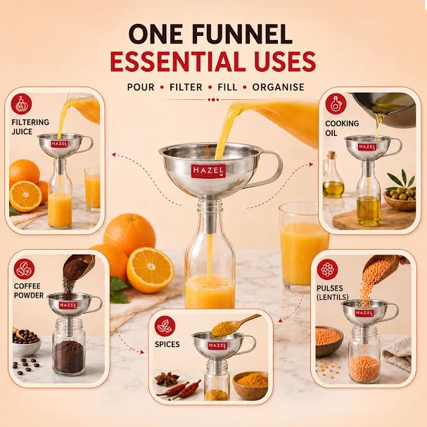 Stainless Steel Funnel with Filter, Wide Mouth Metal Funnel with Handle & Removable Strainer