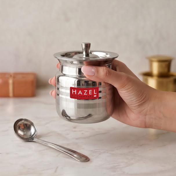 Stainless Steel Supreme Hammered Finish Oil Ghee Pot, 400 ml, Silver