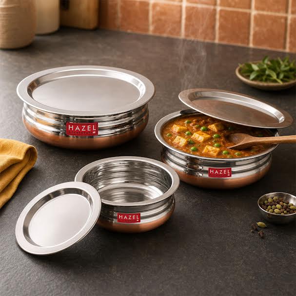 Copper Bottom Urli With Lid - Set of 3 (800ML, 1200ML, 1600ML)