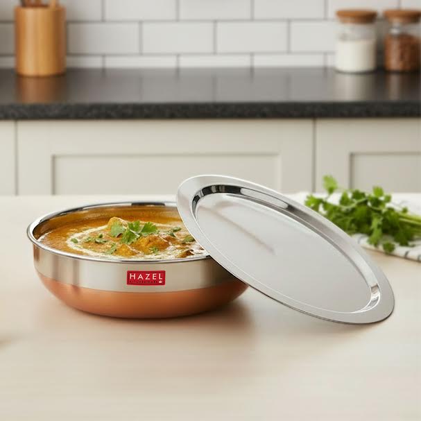 18 Gauge Stainless Steel Tasla Kadai With Lid | Copper Base, 1 L