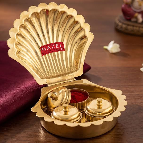 Brass  Haldi Kumkum Box with 3 Detachable Dabbis, 11.5cm
