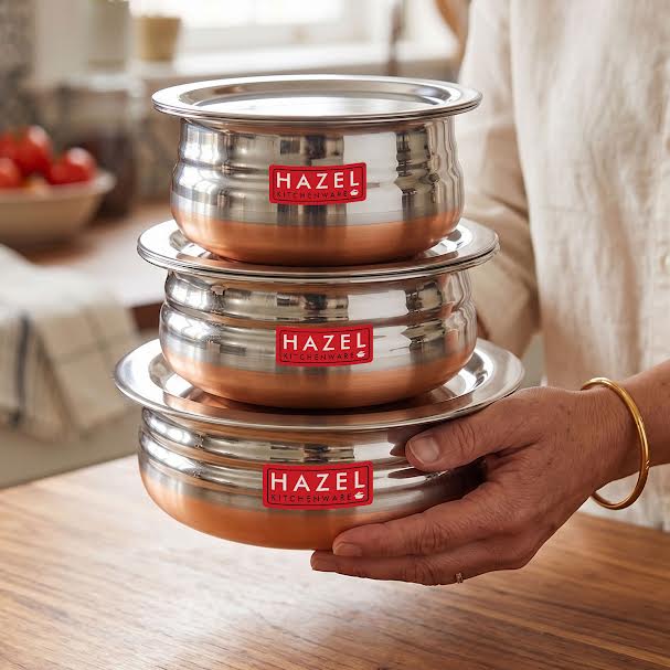 Copper Bottom Urli With Lid, Set of 3 (800ML, 1200ML, 1600ML)