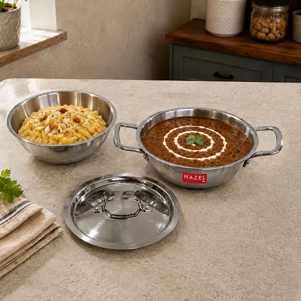 Triply Stainless Steel Induction Bottom Kadhai & Tasra With Steel Lid, 1.2 L, 18.5 cm