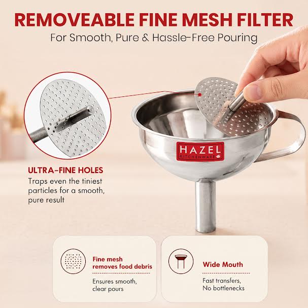 Stainless Steel Funnel with Filter, Wide Mouth Metal Funnel with Handle & Removable Strainer