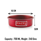 Red round cake mould marked 16 cm wide, 5 cm high and 700 ML capacity.