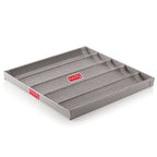 Grey perforated bread tray shown from a front three-quarter angle.