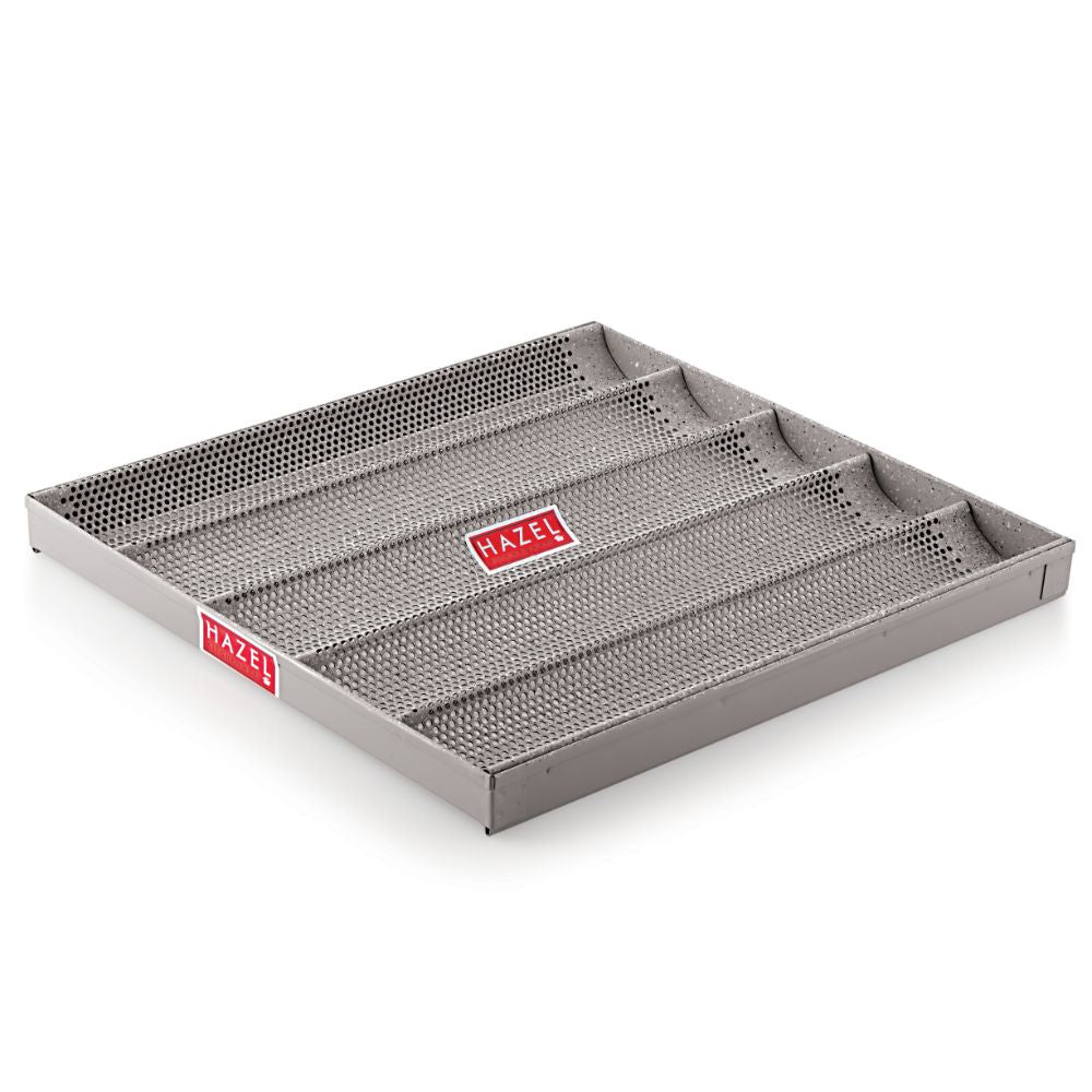 Grey perforated bread tray shown from a front three-quarter angle.