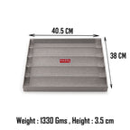 Perforated bread tray infographic showing ridged channels and raised side walls.