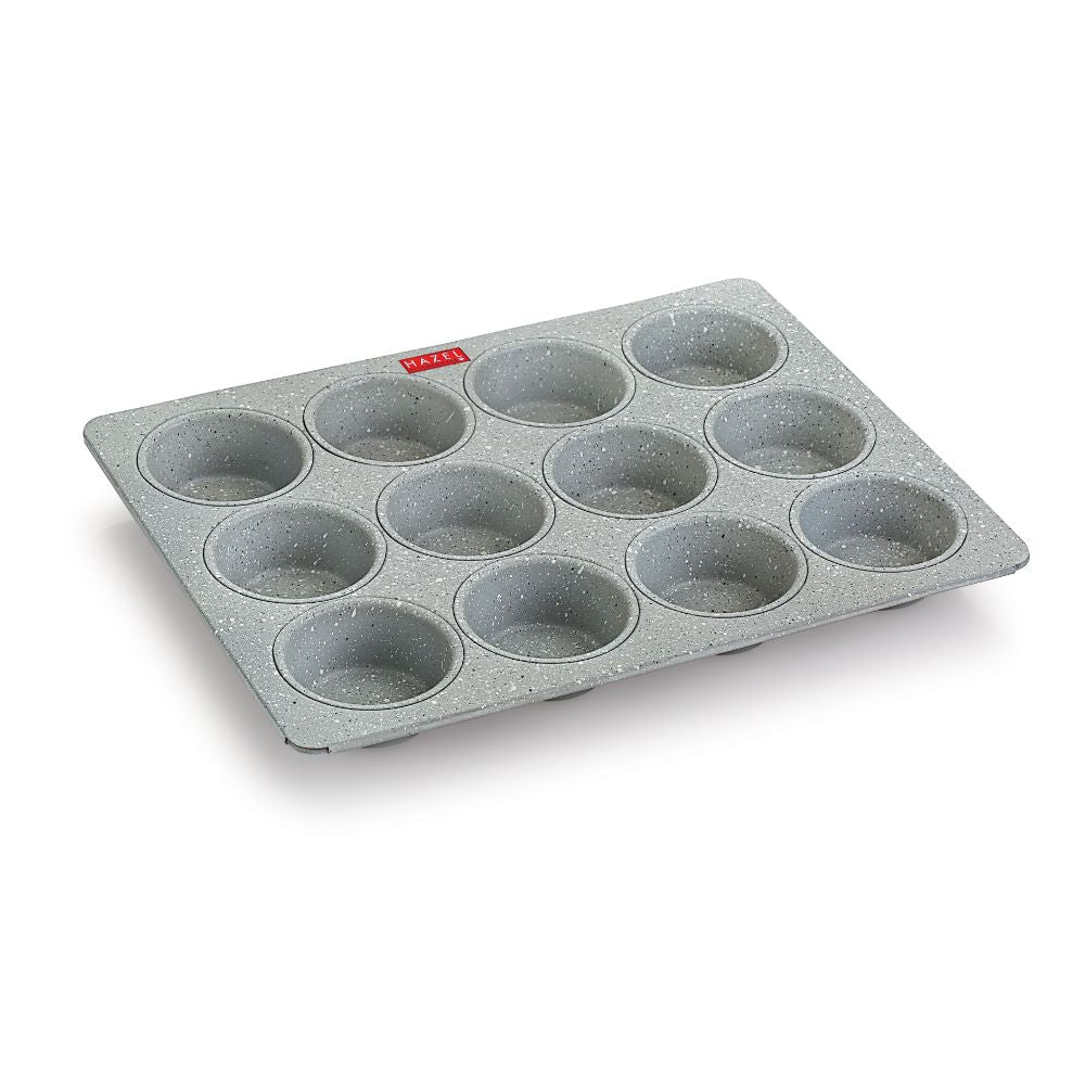HAZEL Aluminium Non Stick Muffin Tray – 12 Cups (Grey) in an angled product photograph.