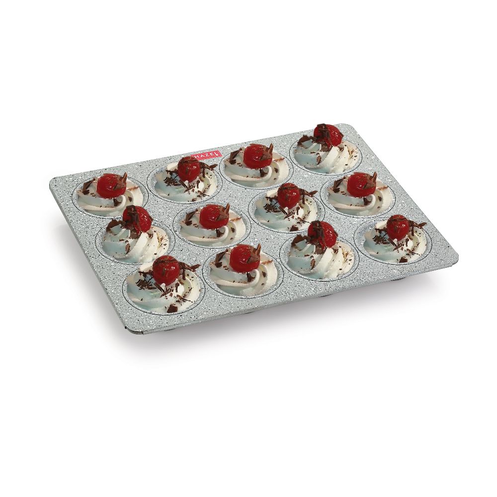 HAZEL Aluminium Non Stick Muffin Tray – 12 Cups (Grey) with feature callouts.