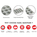 HAZEL Aluminium Non Stick Muffin Tray – 12 Cups (Grey) with dimension labels.