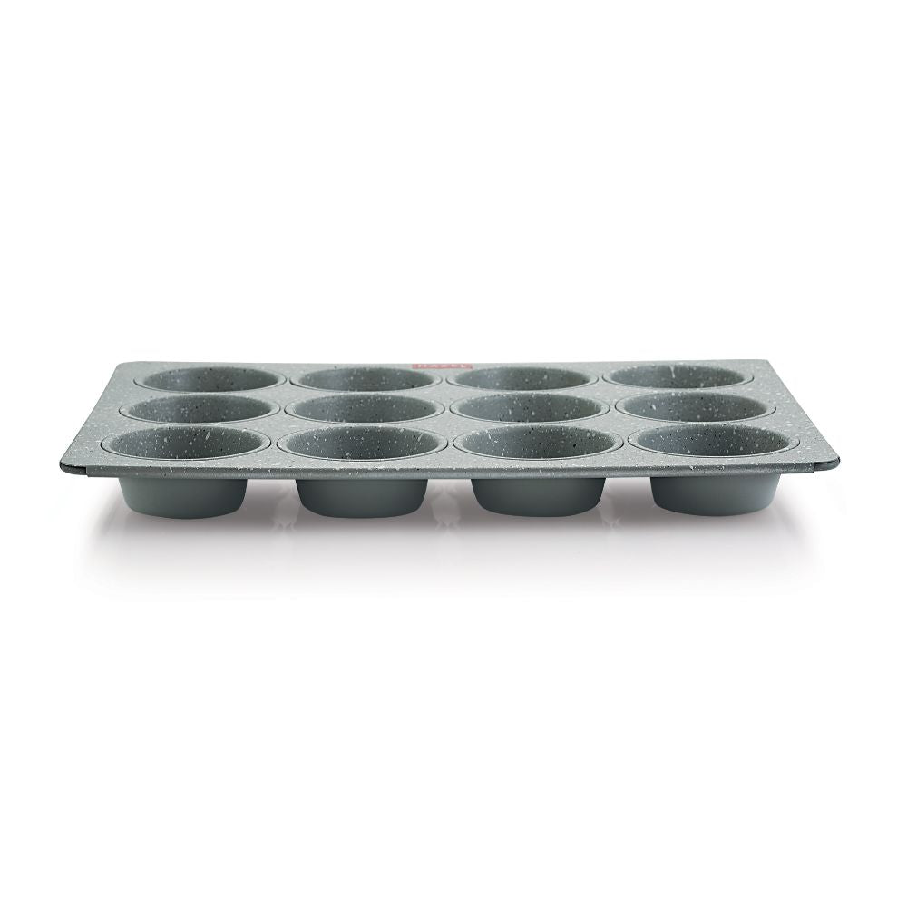 HAZEL Aluminium Non Stick Muffin Tray – 12 Cups (Grey) shown from the side.